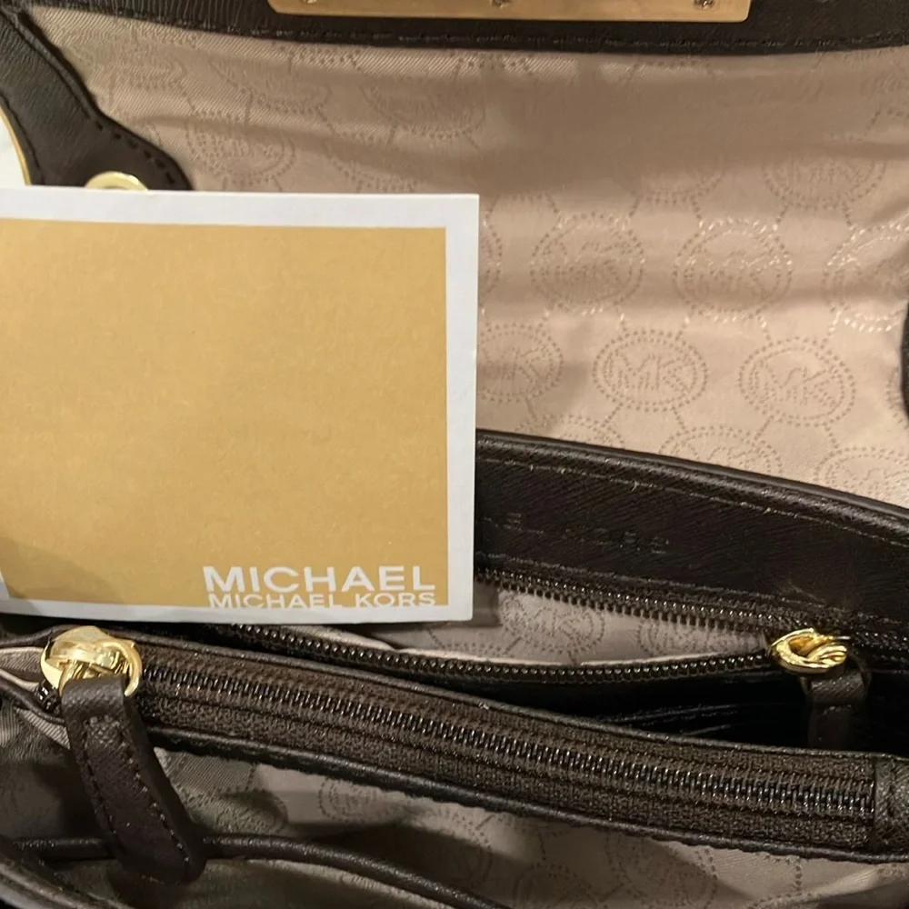 Rare Michael Kors Brown Saffiano Leather/ Gold, Adjustable Gold Chain Strap- New